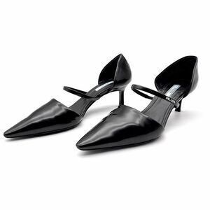 PRADA Black Mary Jane Kitten Heels Size 39 US 9 Pointed Toe Pump Logo Slingback